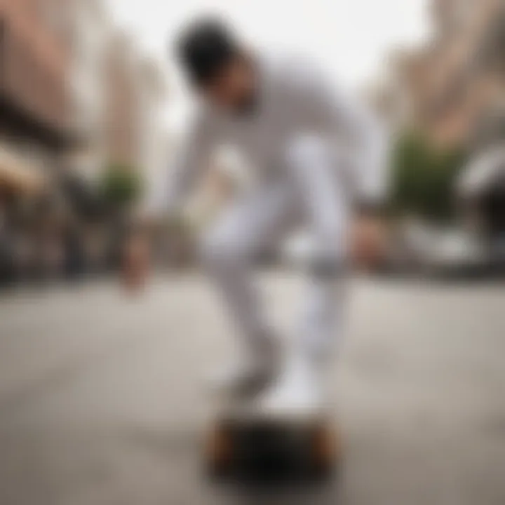 Skateboarder performing tricks while wearing white Vans