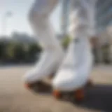 Stylish white Vans shoes on a skateboard