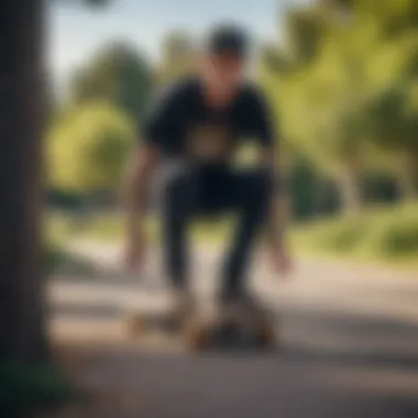 Enthusiast using a motor skateboard in a park setting