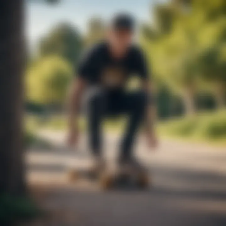 Enthusiast using a motor skateboard in a park setting