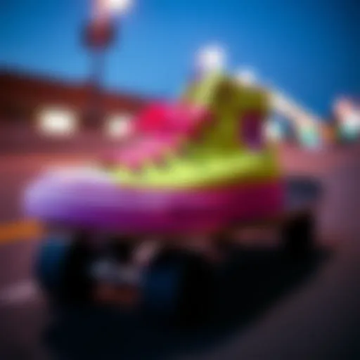 Vibrant neon Chuck Taylors showcased on a skateboard