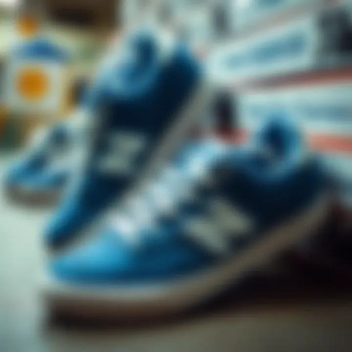 Historical display of New Balance skate shoes in blue and white
