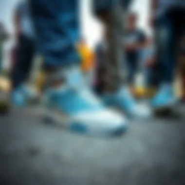 Group of skateboarders showcasing their New Balance blue and white shoes