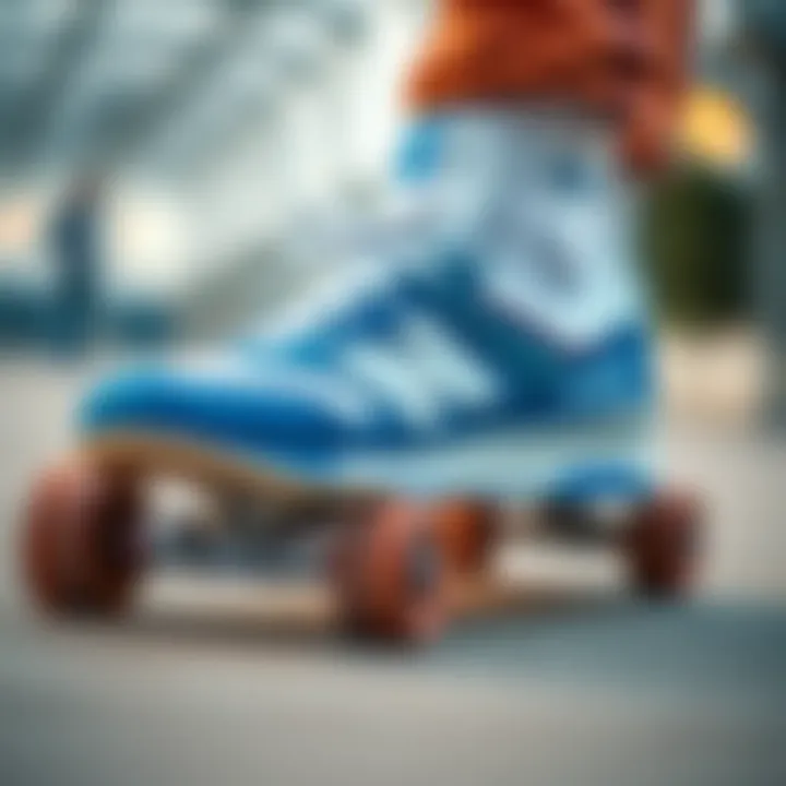 Close-up of New Balance blue and white skate shoes on a skateboard