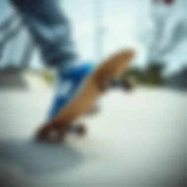 Skateboarder performing a trick wearing New Balance blue and white shoes