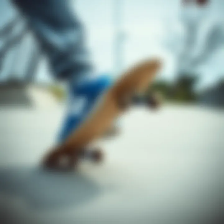 Skateboarder performing a trick wearing New Balance blue and white shoes