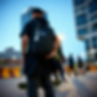 Group of skateboarders with Nike knapsacks in an urban setting