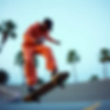 Cultural Significance in Motion Skateboarder showcasing Nike Peach Sweatpants in action