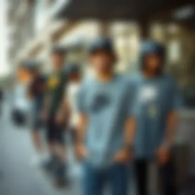 Group of skaters showcasing Nike shirts in urban setting