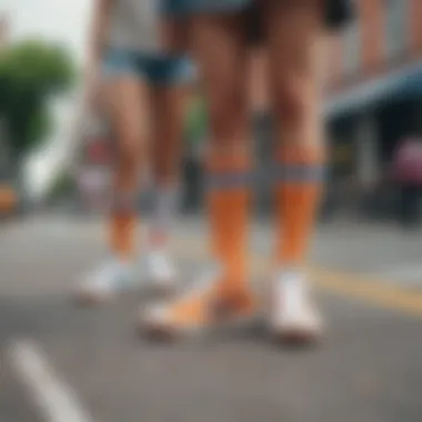 A group of friends wearing Nike tube socks in a street setting