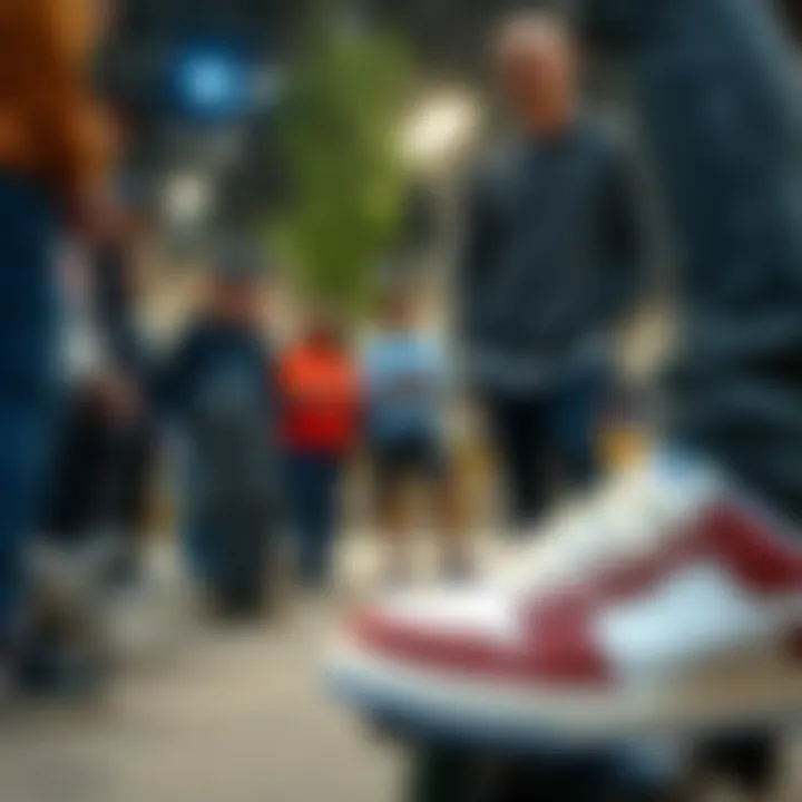 A group of skateboard enthusiasts discussing and trying on NSS skate shoes