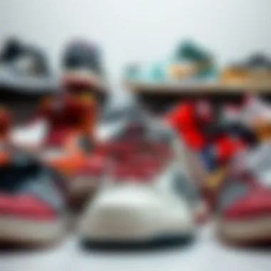 A display of various NSS skate shoe models arranged aesthetically