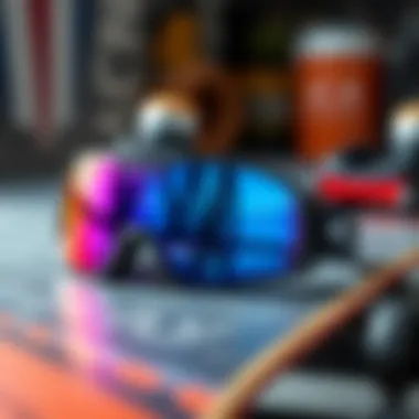 Skateboarding gear setup with Oakley Red Prizm lenses prominently displayed