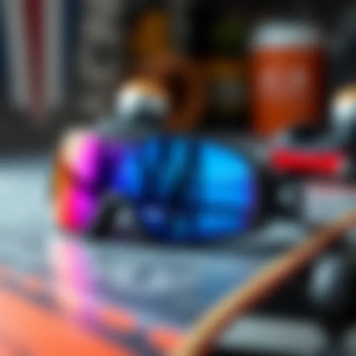 Skateboarding gear setup with Oakley Red Prizm lenses prominently displayed