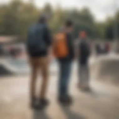 A group of skateboarders discussing backpacks at a local skatepark