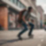 A stylish skateboarder showcasing a backpack in an urban setting