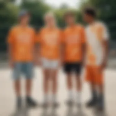 Group of skaters wearing orange and white tie dye shirts in a skate park