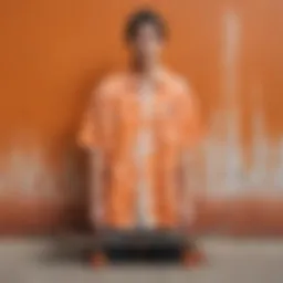 Vibrant orange and white tie dye shirt displayed against a skateboard backdrop