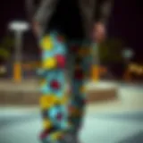 Vibrant patterned jeans styled for skateboarding