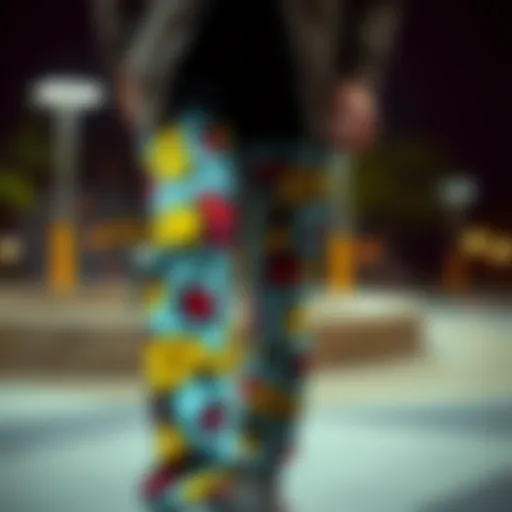 Vibrant patterned jeans styled for skateboarding