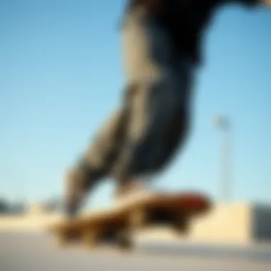 A skateboarder showcasing patterned jeans in action