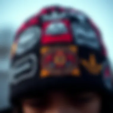 Close-up of a beanie with unique brand logos and designs.