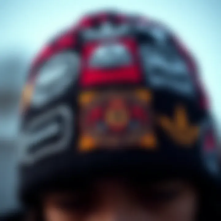 Close-up of a beanie with unique brand logos and designs.