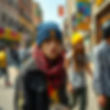 A vibrant street scene highlighting beanie fashion trends among skaters.
