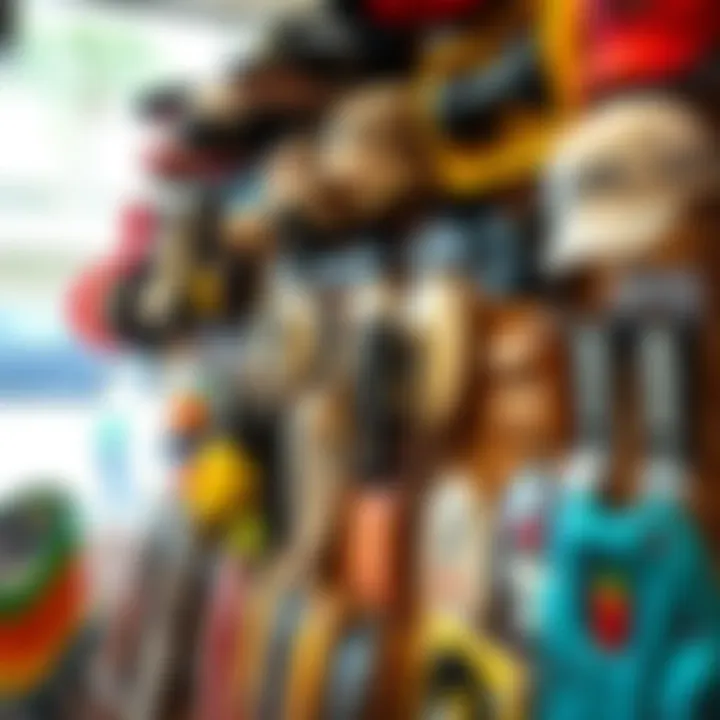 An assortment of skate accessories displayed artistically on a shop wall.