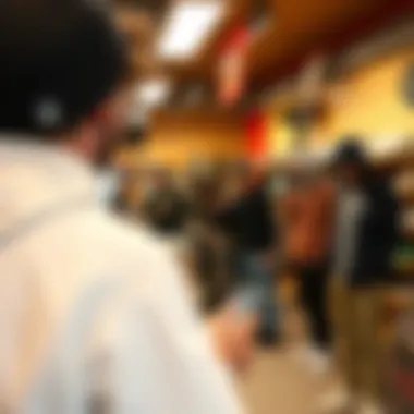 A group of skaters enthusiastically trying out gear in a lively skate shop.