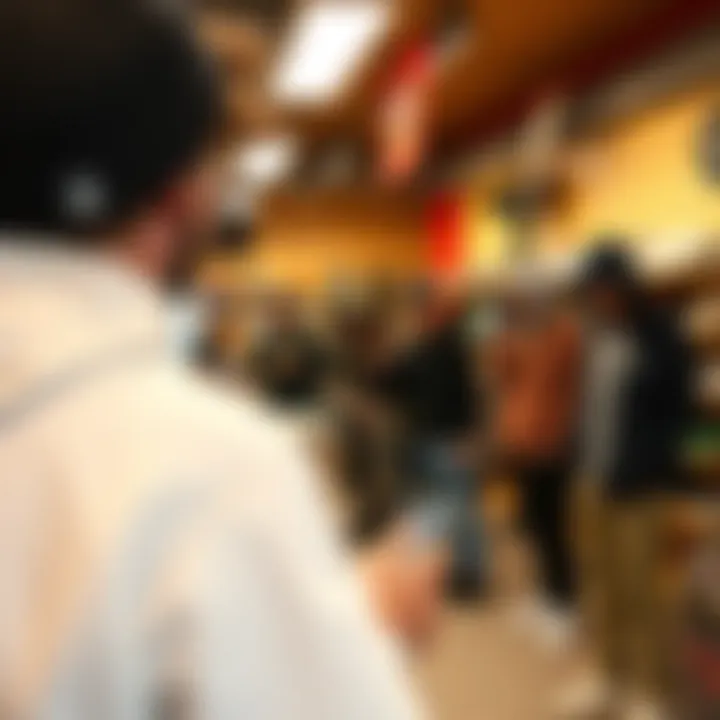 A group of skaters enthusiastically trying out gear in a lively skate shop.