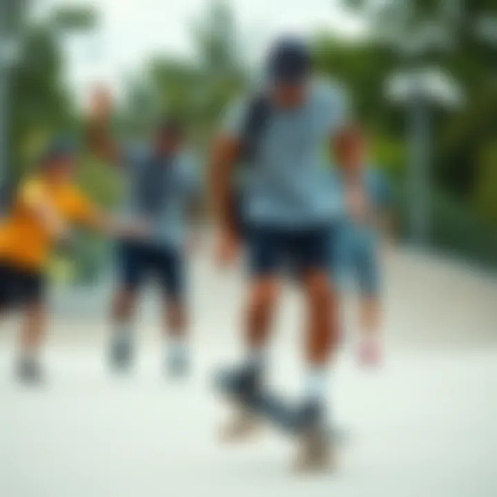 A group of skaters demonstrating various shorts styles at a skate park