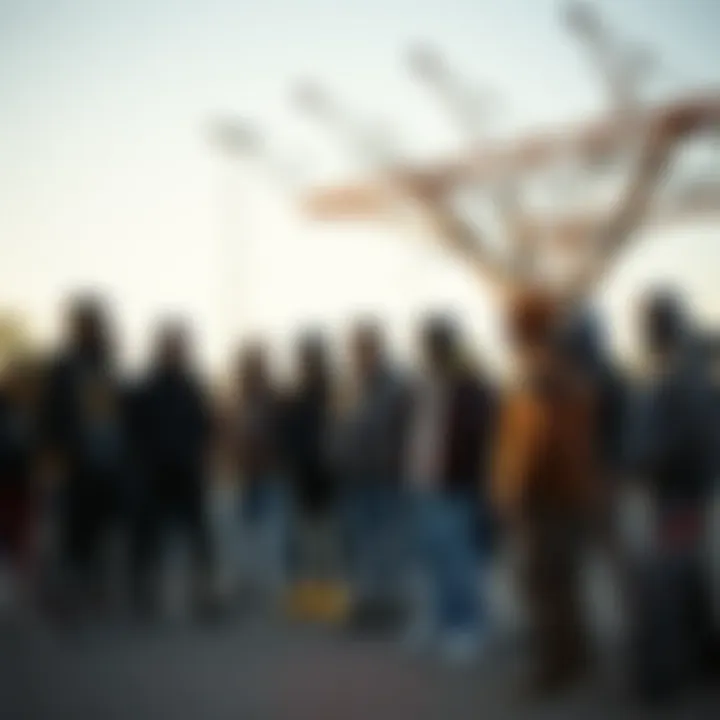 Group of skaters gathered, highlighting the community aspect of skate culture with the Primitive Trunks Jacket