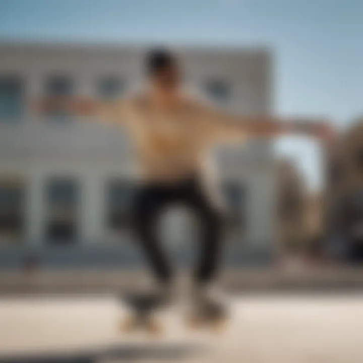 Skater wearing Ray-Ban gold black sunglasses while performing a trick