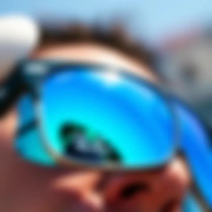 Detailed View of Polarized Lenses Close-up of Ray-Ban Justin Polarized Blue sunglasses highlighting the lenses