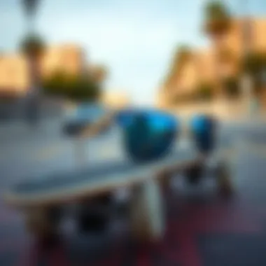 Ray-Ban Justin Polarized Blue on Skateboard Stylish Ray-Ban Justin Polarized Blue sunglasses on a skateboard