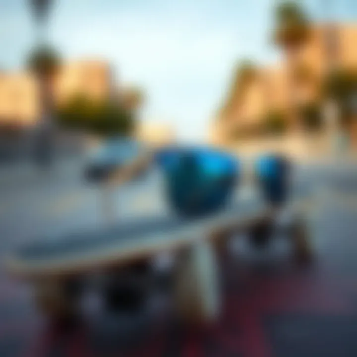 Ray-Ban Justin Polarized Blue on Skateboard Stylish Ray-Ban Justin Polarized Blue sunglasses on a skateboard