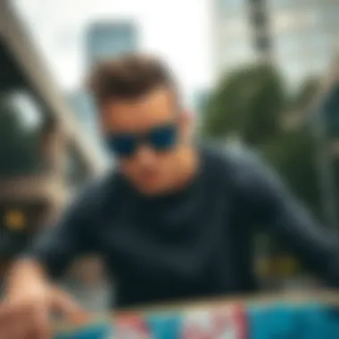 Urban Skater with Ray-Ban Justin Polarized Blue Skater wearing Ray-Ban Justin Polarized Blue sunglasses in an urban setting