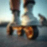 Close-up of roller skate wheels integrated with footwear