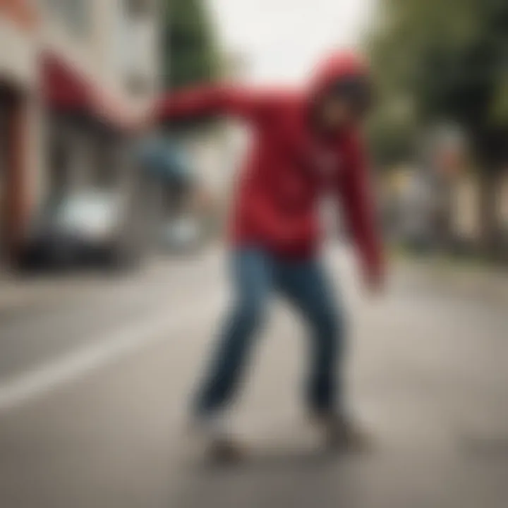 A skateboarder wearing the Santa Cruz zip-up hoodie performing tricks in an urban setting.