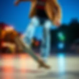 A skateboarder doing tricks in light blue jeans