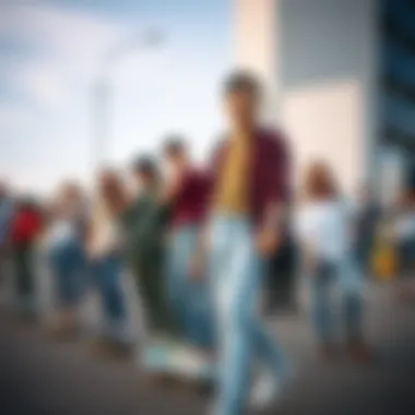 A group of skaters showcasing their favorite light blue jeans in an urban setting