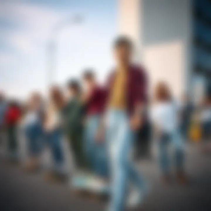 A group of skaters showcasing their favorite light blue jeans in an urban setting