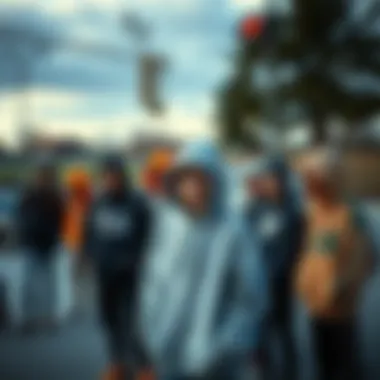 A group of skaters wearing diverse hoodies at a skate park