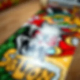 Close-up view of a skateboard deck showcasing intricate graphics