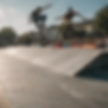 Skaters performing tricks on a Skatelite ramp in an urban skate park.