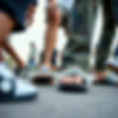 Skaters wearing various slide sandals