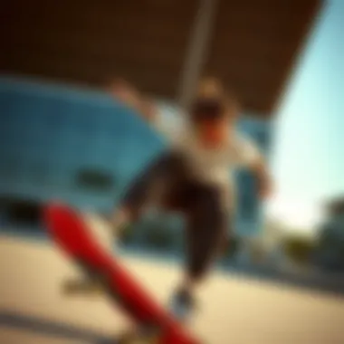 Skateboarder in Action with Sunglass Blinders A skateboarder performing a trick while wearing vibrant sunglass blinders.