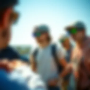 Skateboarders Wearing Unique Sunglass Blinders A group of skateboarders socializing, all wearing unique sunglass blinders.