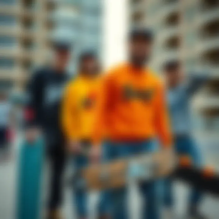 Skateboarders Embracing Surf Culture A group of skateboarders wearing stylish surf brand sweatshirts in an urban setting.